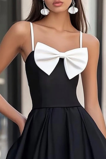 Black and White Satin Spaghetti Straps Short Graduation Dress with Bow